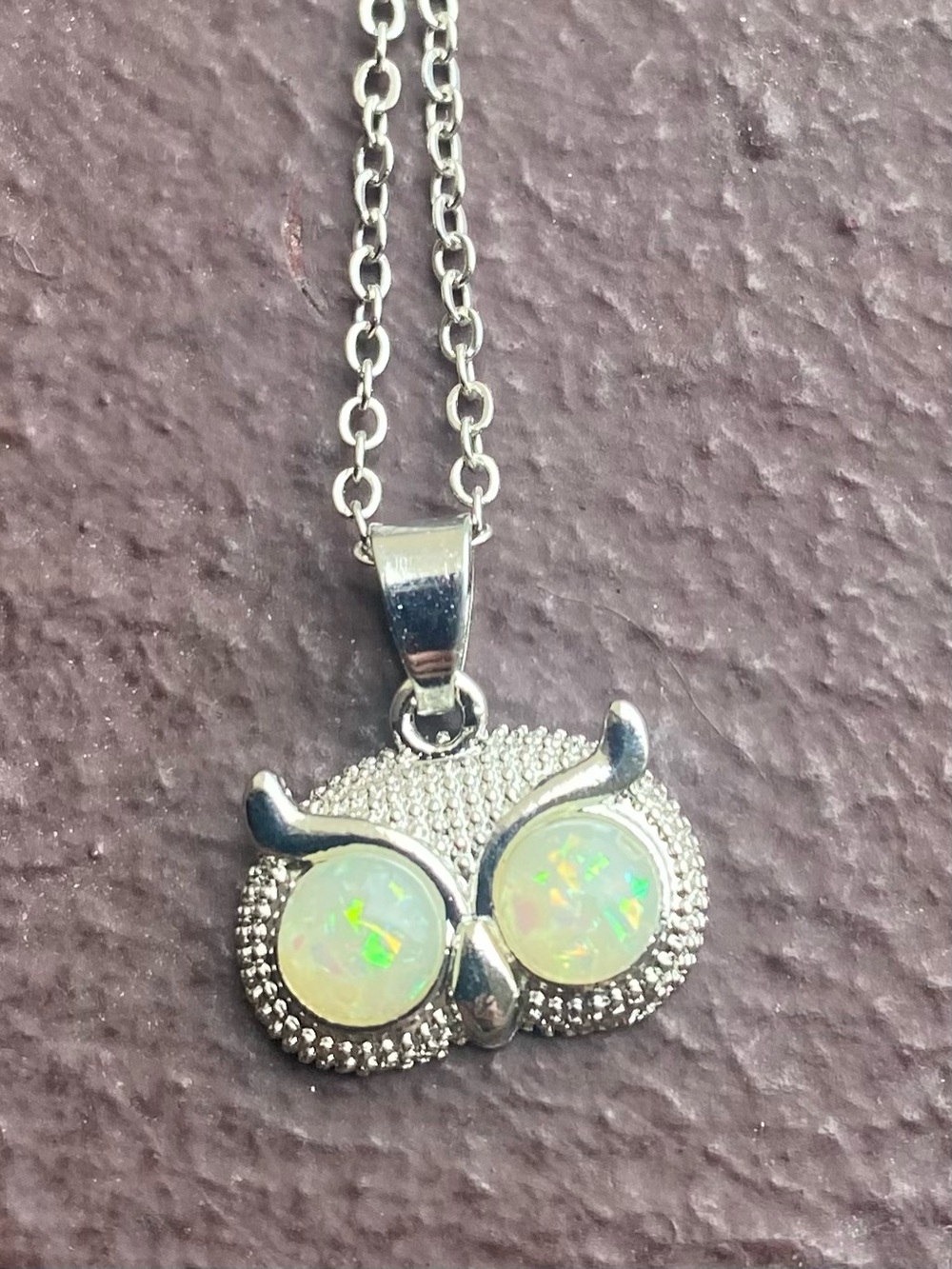Stainless Steel Owl Charm w/ Lab-Created Opal Eyes Pendant/Necklace